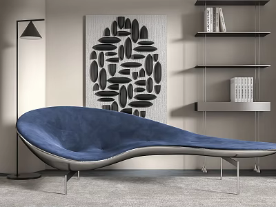Blue Upholstered Curved Chaise Lounge In Modern Interior With Floor Lamp Decorative Art And Bookshelf 3d model