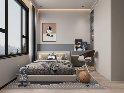 Cozy Kids Room Interior Design With Bed Stuffed Toy Study Desk And Basketball 3d model