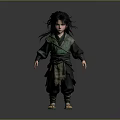 Young Man With Long Black Hair Green Black Outfit Belt And Sandals