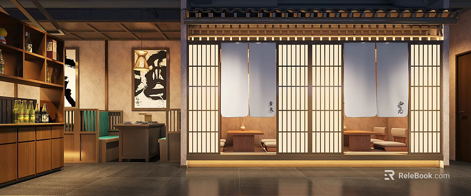 Traditional Japanese Restaurant Interior With Shoji Doors Wooden Frames And Lantern Lighting 3d model 