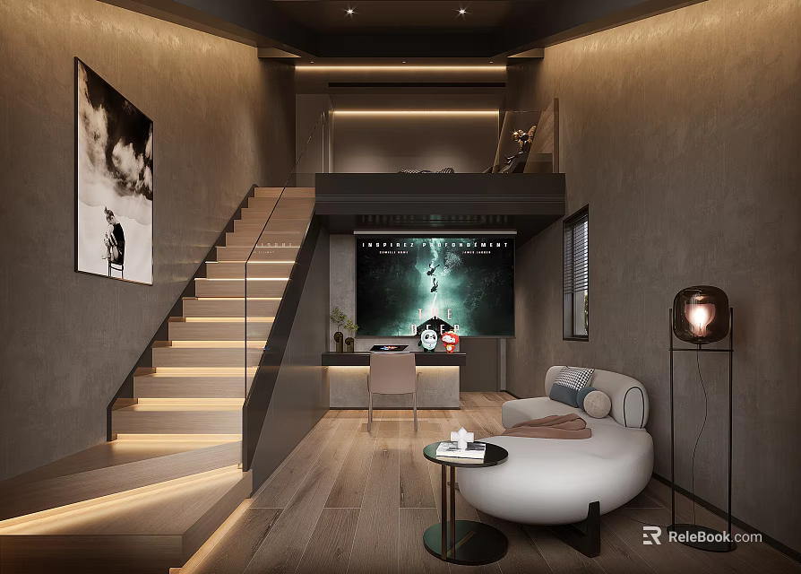 Modern Interior Design With Wooden Flooring Sofa Floor Lamp TV Work Desk And Warm Lighting 3d model 