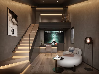 Modern Interior Design With Wooden Flooring Sofa Floor Lamp TV Work Desk And Warm Lighting 3d model