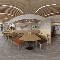Modern Restaurant Interior With Wooden Ceiling Pendant Lights Green Plants And Wall Art