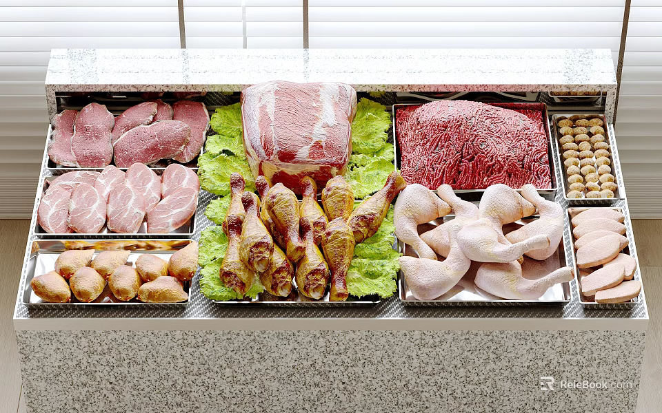 Fresh Various Meats Display on Counter Featuring Pork Slices Chicken Drumsticks Beef and Meatballs 3d model 