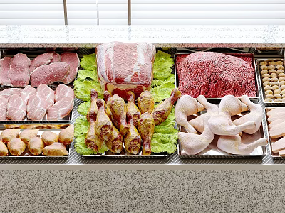 Fresh Various Meats Display on Counter Featuring Pork Slices Chicken Drumsticks Beef and Meatballs 3d model
