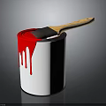 White Paint Can With Red Paint Dripping And Wooden Brush On Top