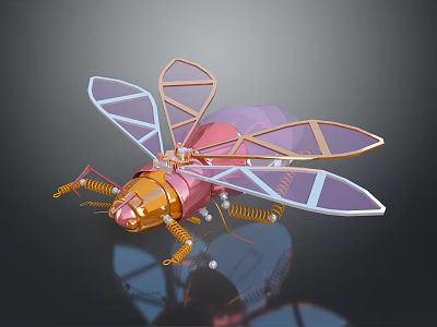 Mechanical Insect Robot With Transparent Wings Metallic Golden Body And Spring Legs 3d model