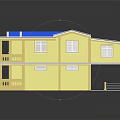 Cartoon Style Two Story House With Yellow Exterior Blue Roof Balcony And White Windows