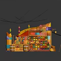 Cartoon Style Colorful Stall Scene with Shelves Hanging Lanterns and Colorful Items Under Green Canopy