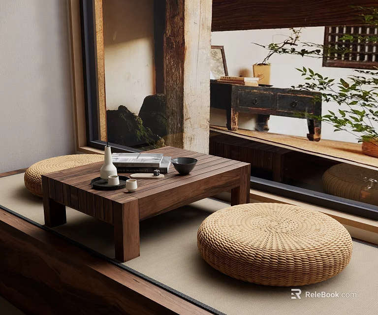 Round Rattan Woven Stools In Natural Indoor Living Space With Wooden Coffee Table And Plants 3d model 