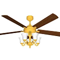 Classic Ceiling Fan With Wooden Blades And Golden Chandelier Lighting Design