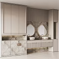Elegant Modern Bathroom Set Design With Double Sinks Marble Countertops And Round Mirrors