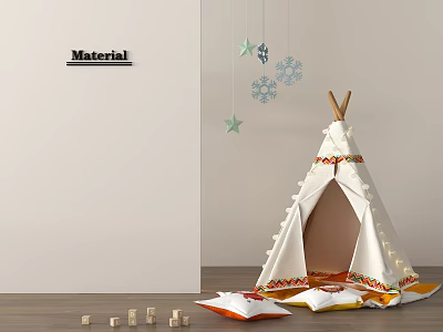 Decorative Teepee Tent With Pom Poms Colorful Trim And Star Snowflake Hangings On Wooden Floor 3d model