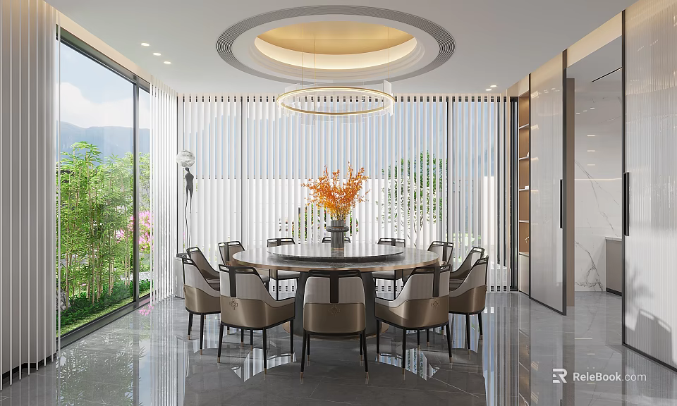 Elegant Modern Restaurant Interior With Round Dining Table Chairs Pendant Light And Window Green Plants 3d model