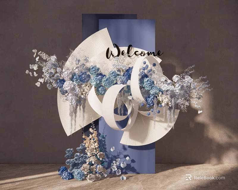Welcome Sign Decorative Arrangement With Blue And White Flowers And Elegant Design 3d model 
