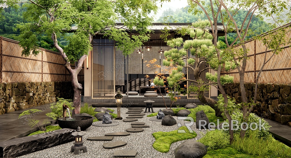 Japanese-style dry landscape courtyard landscape pavilion tingbu micro-terrain landscape tree plant pile stone water bowl wall model