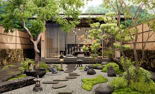 Japanese-style dry landscape courtyard landscape pavilion tingbu micro-terrain landscape tree plant pile stone water bowl wall 3d model