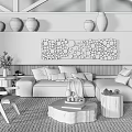 Natural Light Gray Sofa and Wooden Coffee Table Set With Wall Art and Ceramic Vases