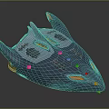 Sleek Blue Futuristic Scifi Spaceship with Angular Orange Accents Protruding Fins and Yellow Dots