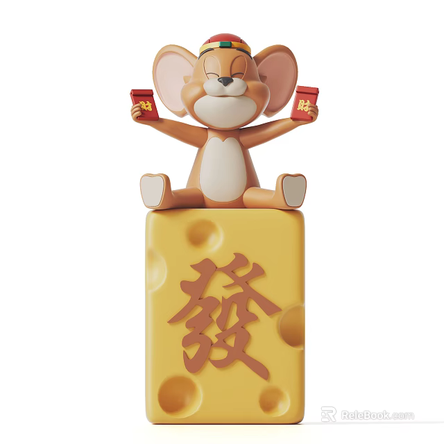 Cute Mouse Figurine Decorative Ornament Set on Cheese Base Holding Red Envelopes and Fa Character 3d model 