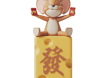 Cute Mouse Figurine Decorative Ornament Set on Cheese Base Holding Red Envelopes and Fa Character 3d model