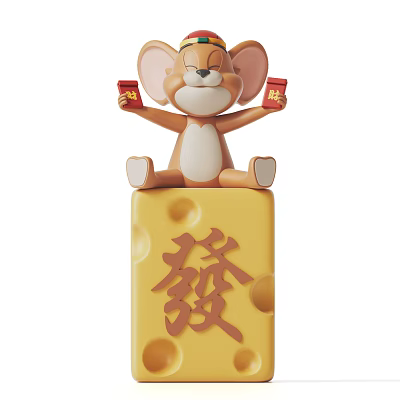 Cute Mouse Figurine Decorative Ornament Set on Cheese Base Holding Red Envelopes and Fa Character 3d model