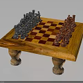 Handcrafted Wooden Chessboard with Silver and Red Chess Pieces on Carved Legs