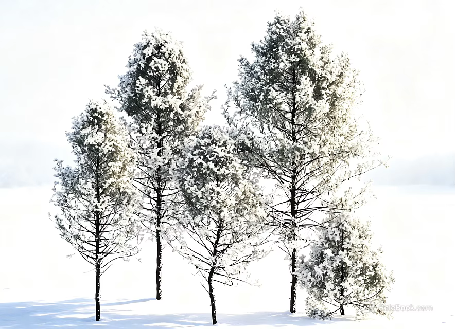 Snow Covered Arbor Trees Standing In Winter Natural Landscape With White Snow 3d model 
