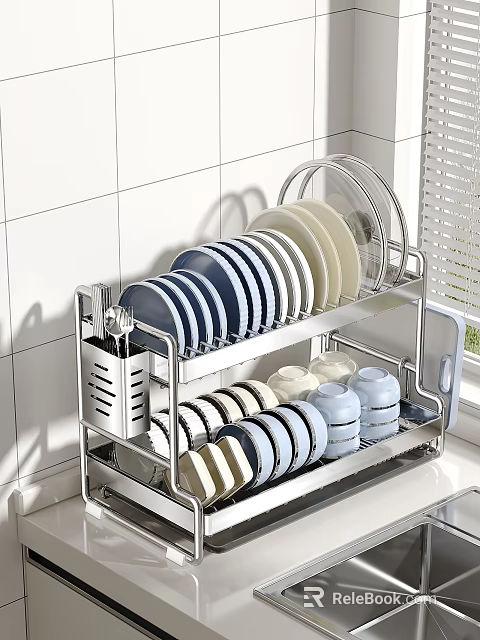 Stainless Steel Dish Drying Rack With Plates Bowls And Cups On Kitchen Countertop 3d model 