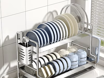 Stainless Steel Dish Drying Rack With Plates Bowls And Cups On Kitchen Countertop 3d model
