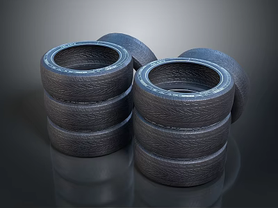 High Quality Black Rubber Tires Stacked In Multiple Piles On Dark Reflective Surface 3d model