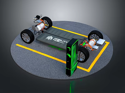 Electric Vehicle Chassis Display Model With Battery Motor Wheels And Green Tech 3d model
