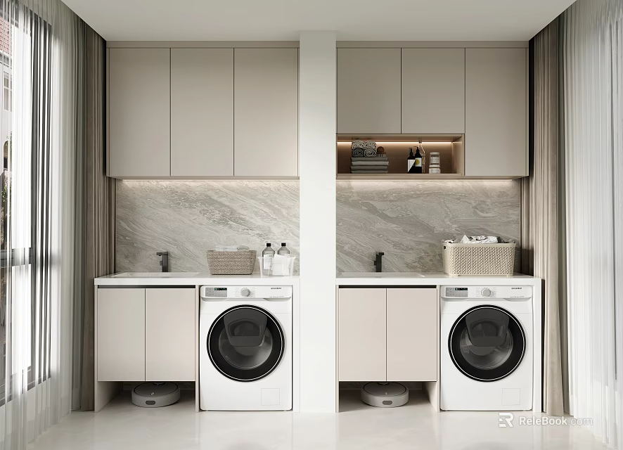 Modern Laundry Room Design With Cabinets Washing Machines And Marble Walls 3d model 