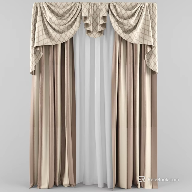 Elegant Double Layer Curtains With Striped Outer And Plaid Valance Top Sheer Inner Layer 3d model