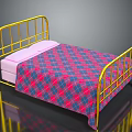 Golden Metal Frame Bed With Pink Mattress And Red Blue Plaid Bedspread