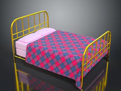 Golden Metal Frame Bed With Pink Mattress And Red Blue Plaid Bedspread 3d model