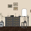 Elegant Dresser With Drawers Round Mirror Framed Paintings On Wall Table Lamp And Accent Chair
