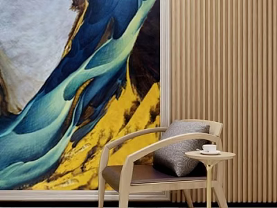 Comfortable Leisure Chair With Wooden Frame Pillow Side Table And Colorful Mural Against Slat Wall 3d model