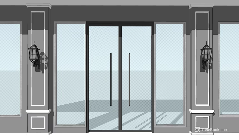 Shopping Mall Store Entrance With Glass Doors And Decorative Wall Lanterns 3d model 