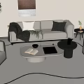 Modern Sofa Coffee Table Combination With Gray White Upholstery Armchairs Wavy Rug And Wall Art