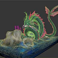Blue Dragon Sculpture With Purple Wings Tail And Green Decorations On Rock Water Base