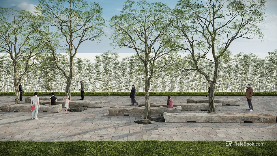 Stone Outdoor Chairs in Park Setting with Trees Brick Pavement and People Around 3d model 