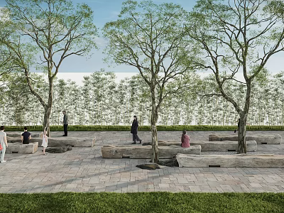 Stone Outdoor Chairs in Park Setting with Trees Brick Pavement and People Around 3d model