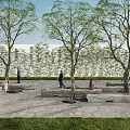 Stone Outdoor Chairs in Park Setting with Trees Brick Pavement and People Around