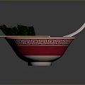 Red Ramen Bowl with Sliced Meat Soft Boiled Eggs Nori Green Herbs Chopsticks and Spoon