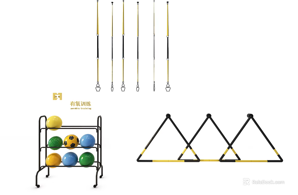 Sports Equipment for Training Including Adjustable Poles Colorful Balls and Triangle Stands 3d model 