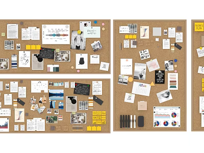 Corkboard Background Wall Covered With Papers Photos Notes Charts And Art Supplies 3d model