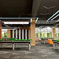 Modern Billiard Room Interior With Green Pool Tables Modern Lighting Orange Chairs And Brick Walls