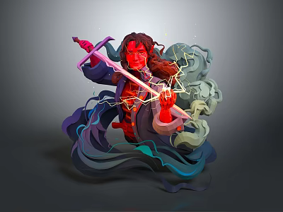 Long Haired Red Skinned Warrior Wielding Glowing Sword With Lightning Creature And Smoke 3d model