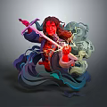 Long Haired Red Skinned Warrior Wielding Glowing Sword With Lightning Creature And Smoke 3d model